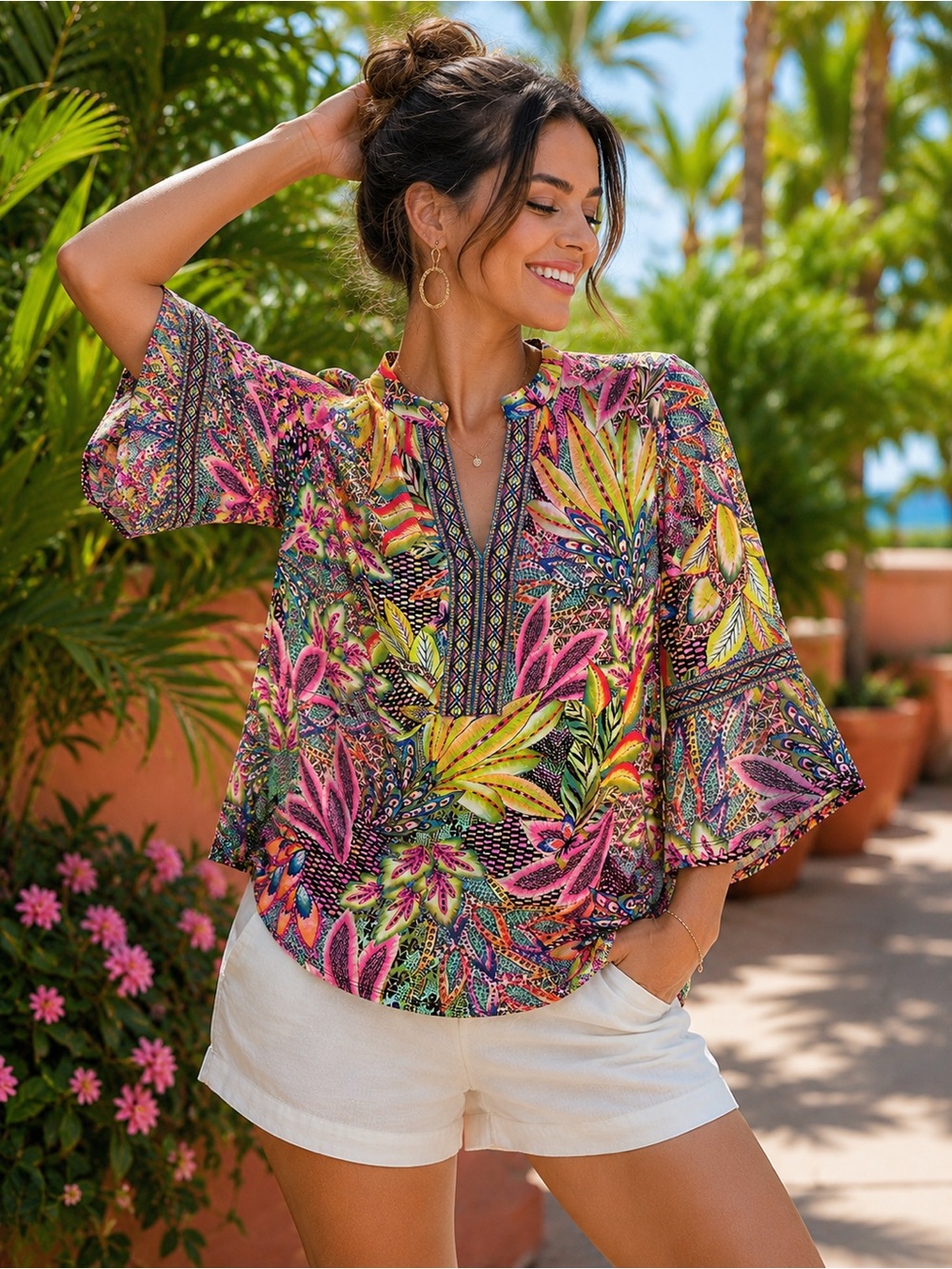 Tropical Resort Tunic Top NWOT Bright Floral Jungle Print Vacation Boho Chic M